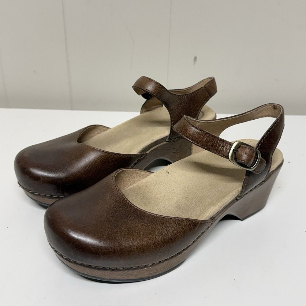 Dansko Sam Clogs Teak Vtg Brown Leather Ankle Strap Sandals Women 37 US 6.5-7